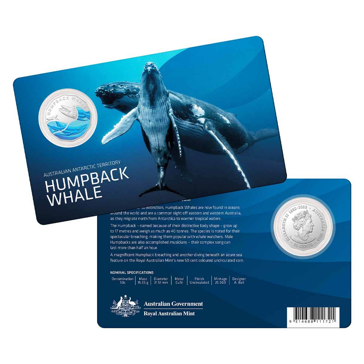 Australian Antarctic Territory - Humpback Whale 2023 50c Coloured Uncirculated Coin  - Image 3