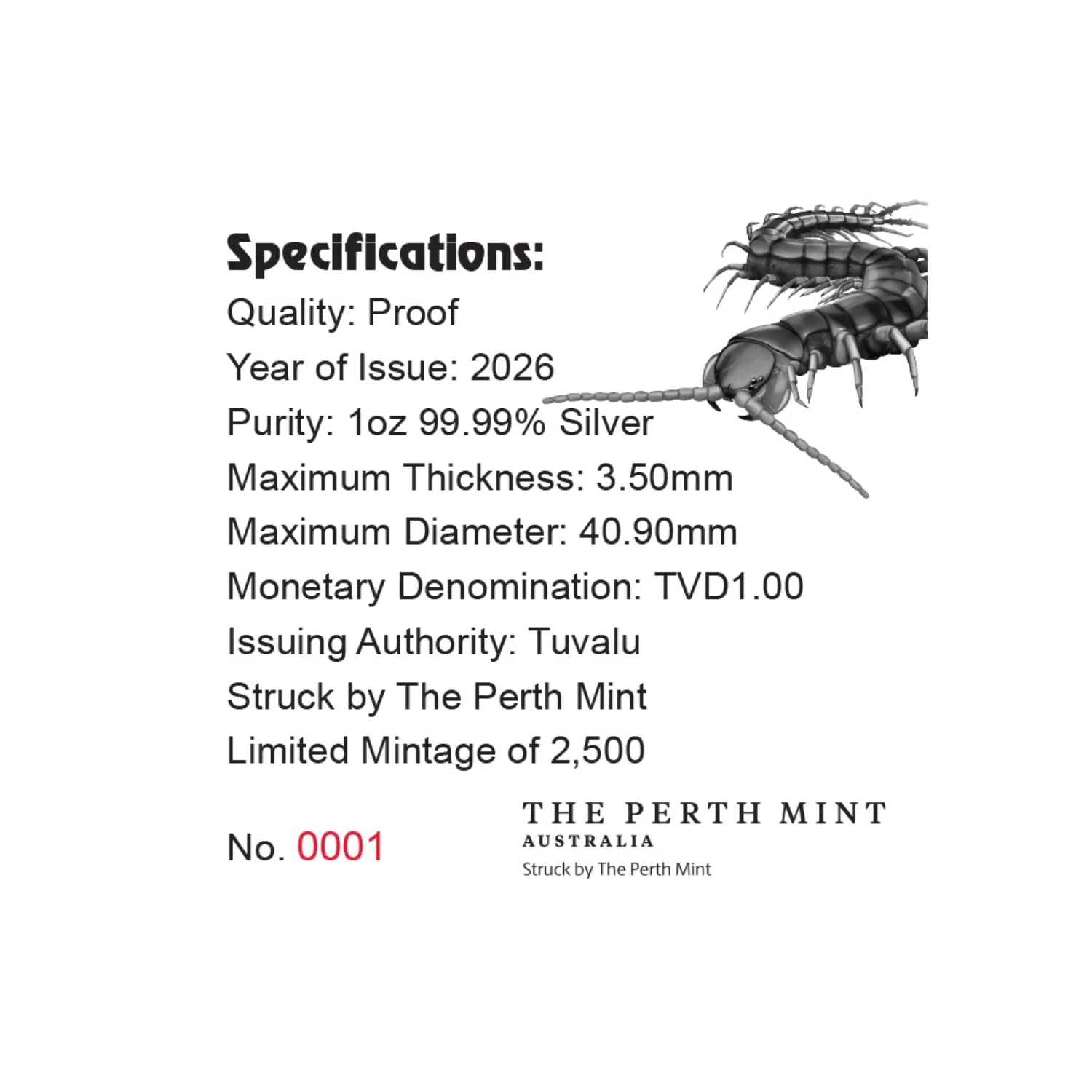 Deadly & Dangerous 2026 $1 Giant Centipede 1oz Silver Proof Coin - Image 5