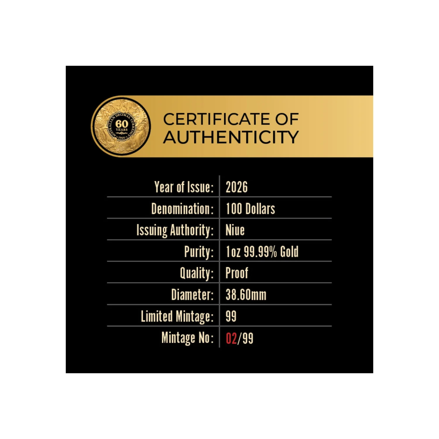 Decimal Currency 60th Anniversary 2026 $100 1oz Gold Proof Coin - Image 4