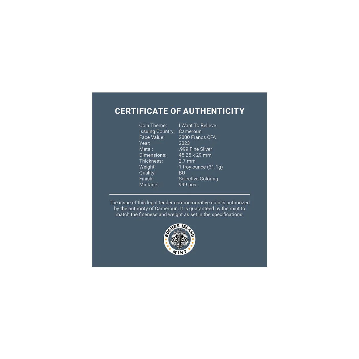 I Want To Believe 2023 2,000Fr 1oz Silver Brilliant Uncirculated Coin - Image 4