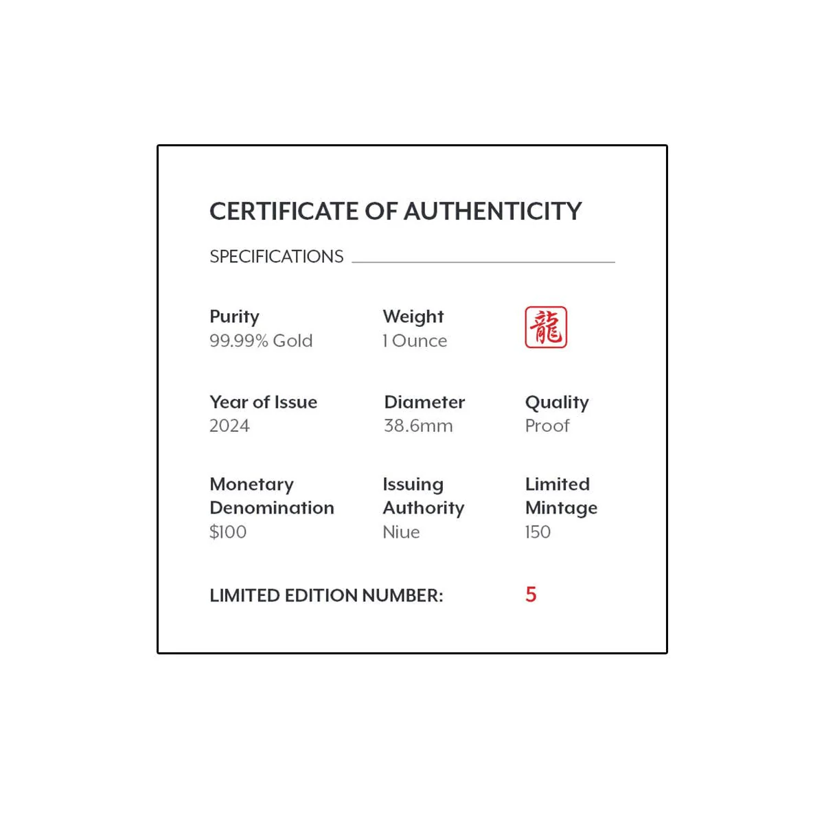 Lunar Year of the Dragon 2024 $100 1oz Gold Proof Coin - Image 4