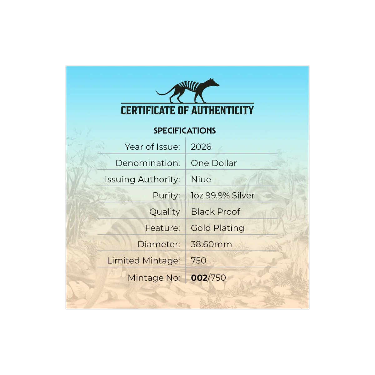 Tasmanian Tiger 2026 $1 Gold-plated 1oz Silver Black Proof Coin - Image 5