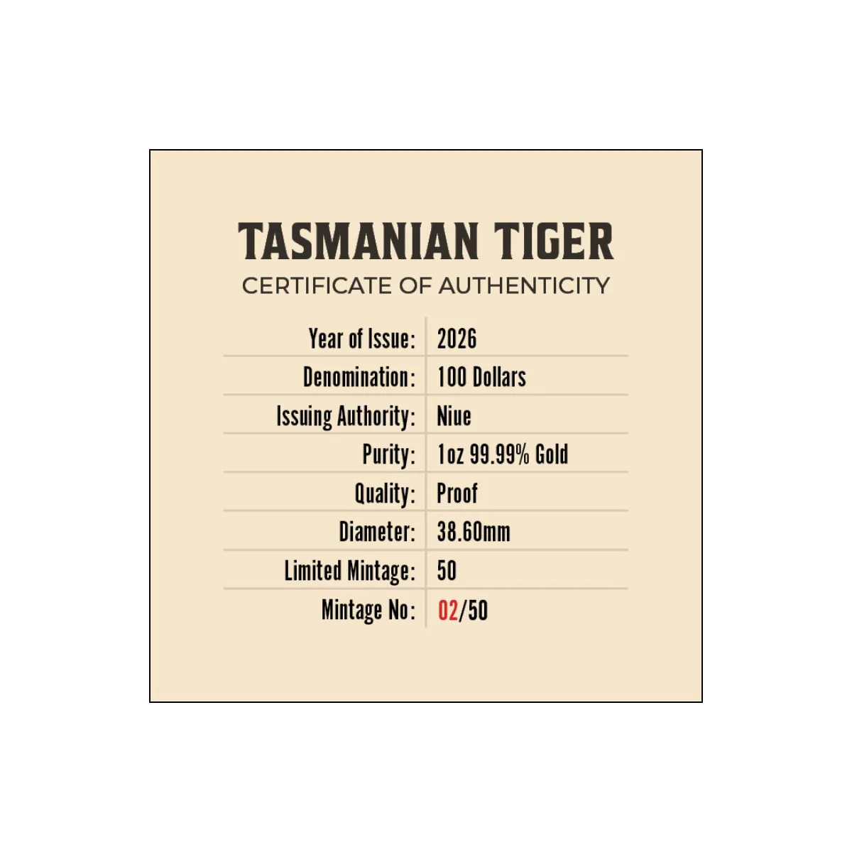 Tasmanian Tiger 2026 $100 1oz Gold Proof Coin - Image 5